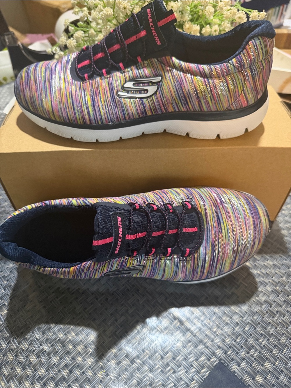 Skechers Women's Multicolor Knit Slip-On Sneakers with Pink Accents